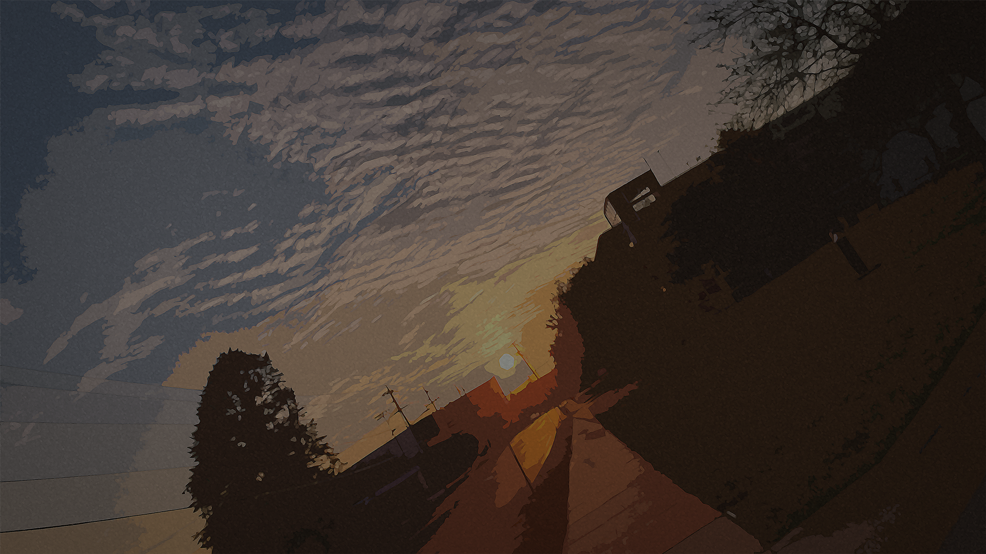 Background image: A photographic scene of dusk with the sun setting on the horizon. The image is dimmed and blurred for page readability
